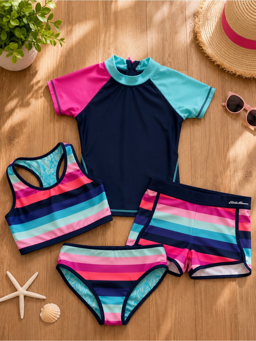 Eddie Bauer Navy Rashguard Swim Set with Pink and Teal Accents size 10-12